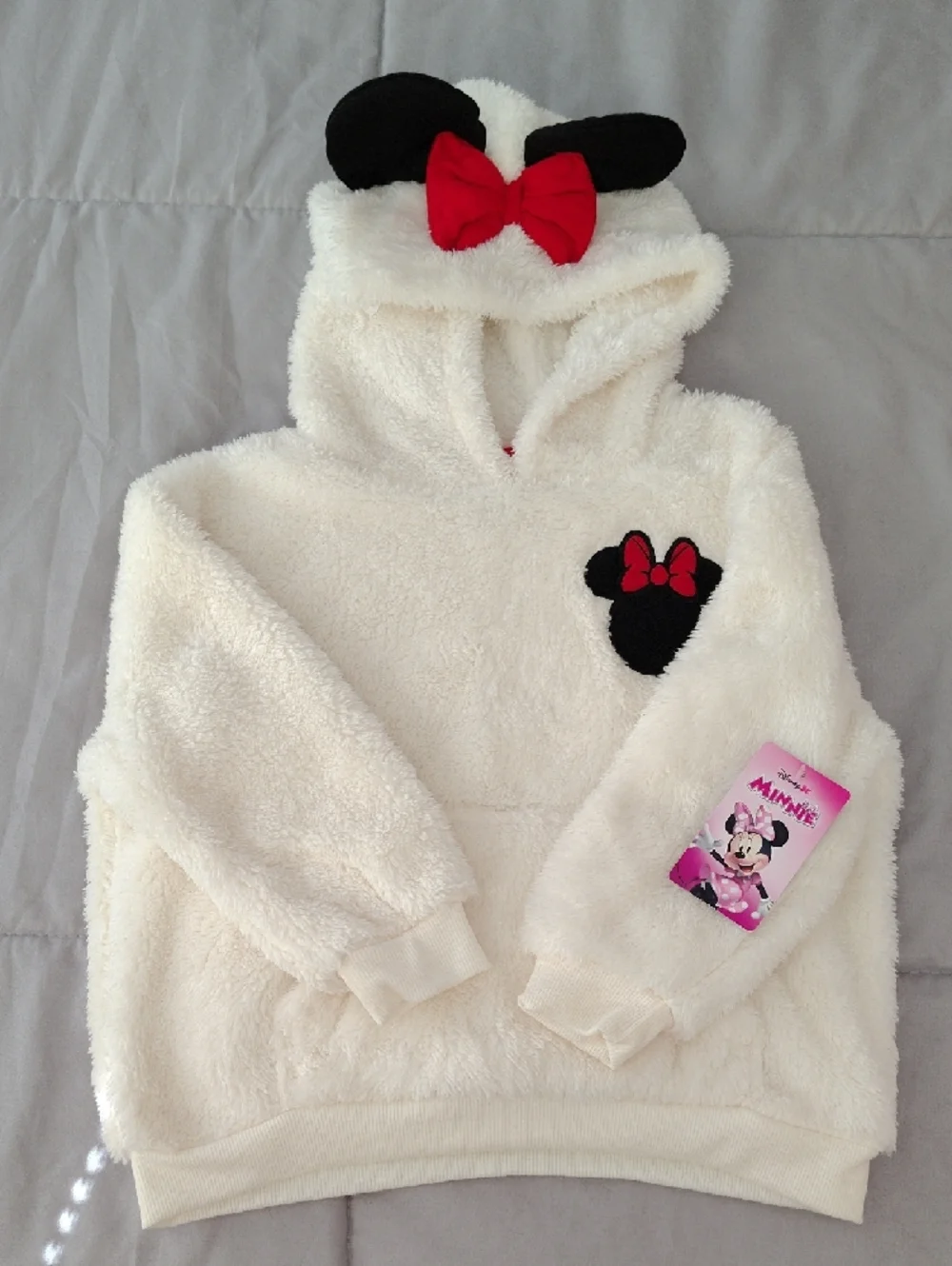Disney Cream Hooded Minnie Mouse Fleece Top with Red Bow - Picture 2 of 8